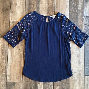 Bob Timberlake Floral Embroidered Navy Top